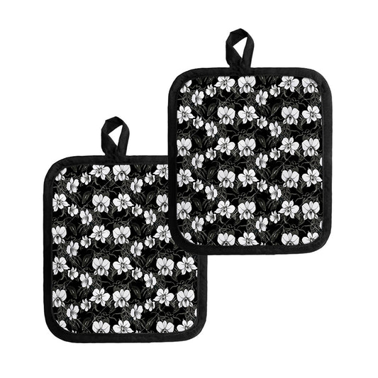 Black And White Cattleya Pattern Print Pot Holders