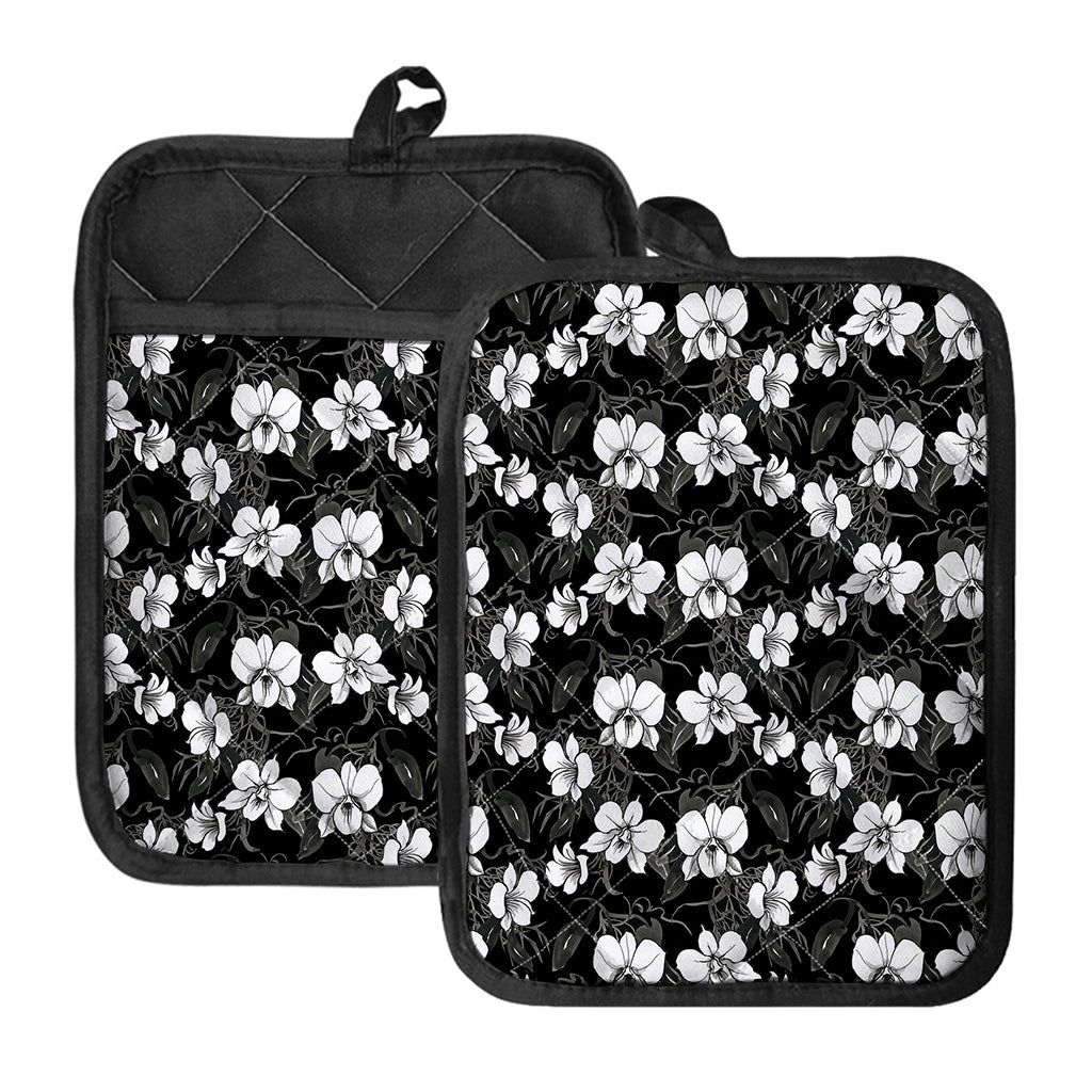 Black And White Cattleya Pattern Print Pot Holders With Pocket