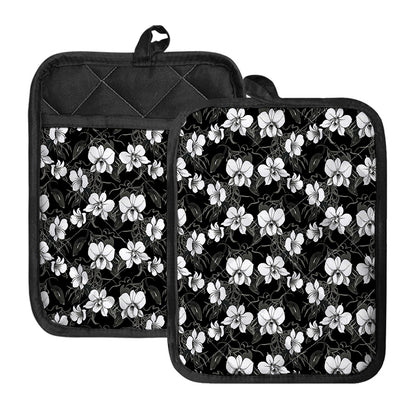 Black And White Cattleya Pattern Print Pot Holders With Pocket