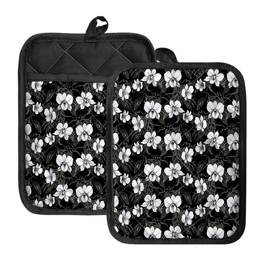 Black And White Cattleya Pattern Print Pot Holders With Pocket