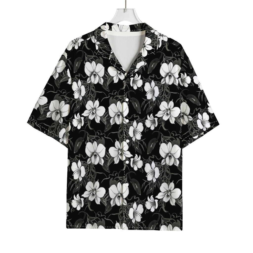 Black And White Cattleya Pattern Print Rayon Hawaiian Shirt