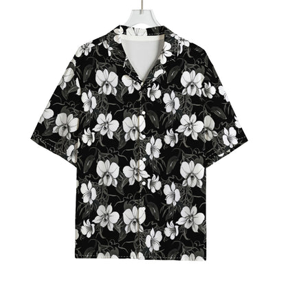 Black And White Cattleya Pattern Print Rayon Hawaiian Shirt