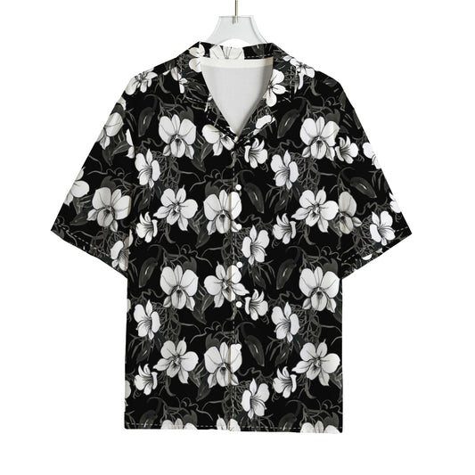 Black And White Cattleya Pattern Print Rayon Hawaiian Shirt