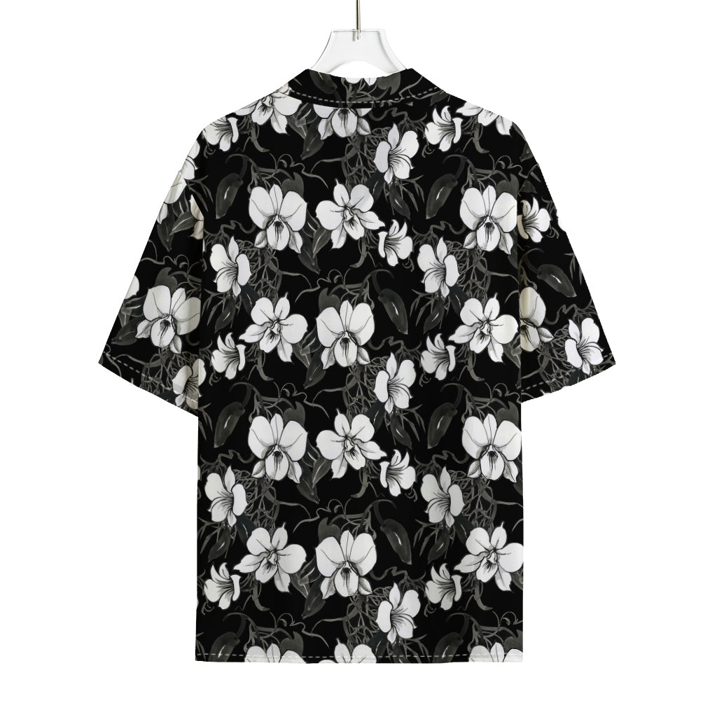 Black And White Cattleya Pattern Print Rayon Hawaiian Shirt