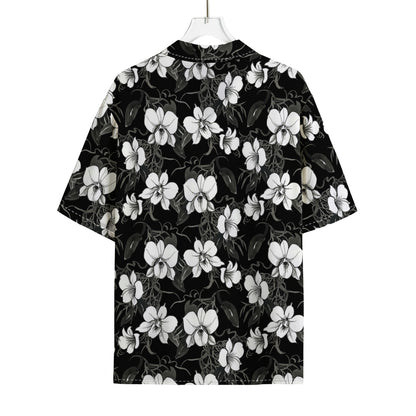 Black And White Cattleya Pattern Print Rayon Hawaiian Shirt