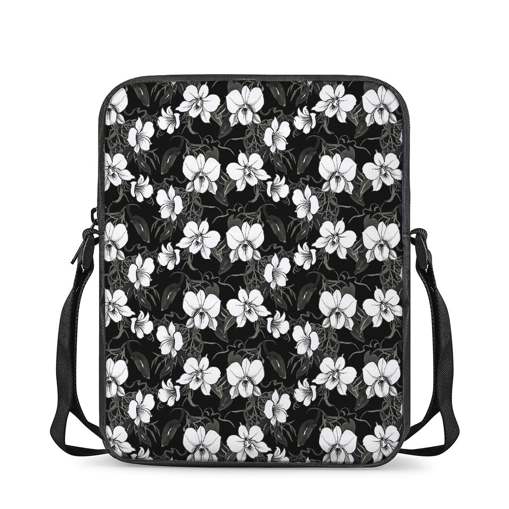 Black And White Cattleya Pattern Print Rectangular Crossbody Bag