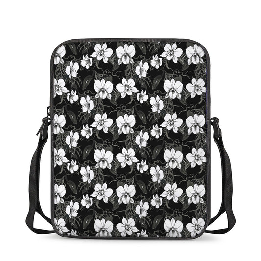 Black And White Cattleya Pattern Print Rectangular Crossbody Bag