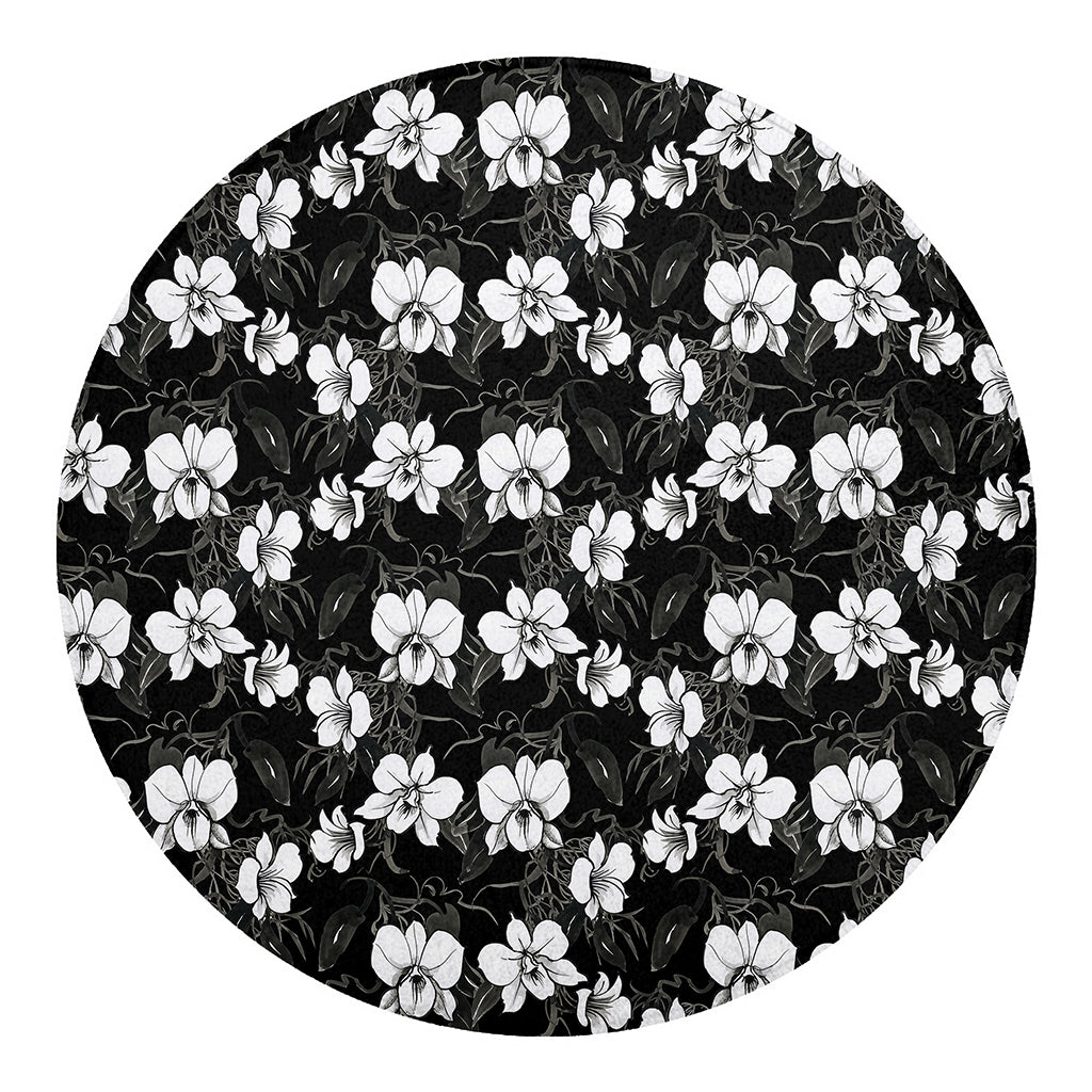 Black And White Cattleya Pattern Print Round Blanket