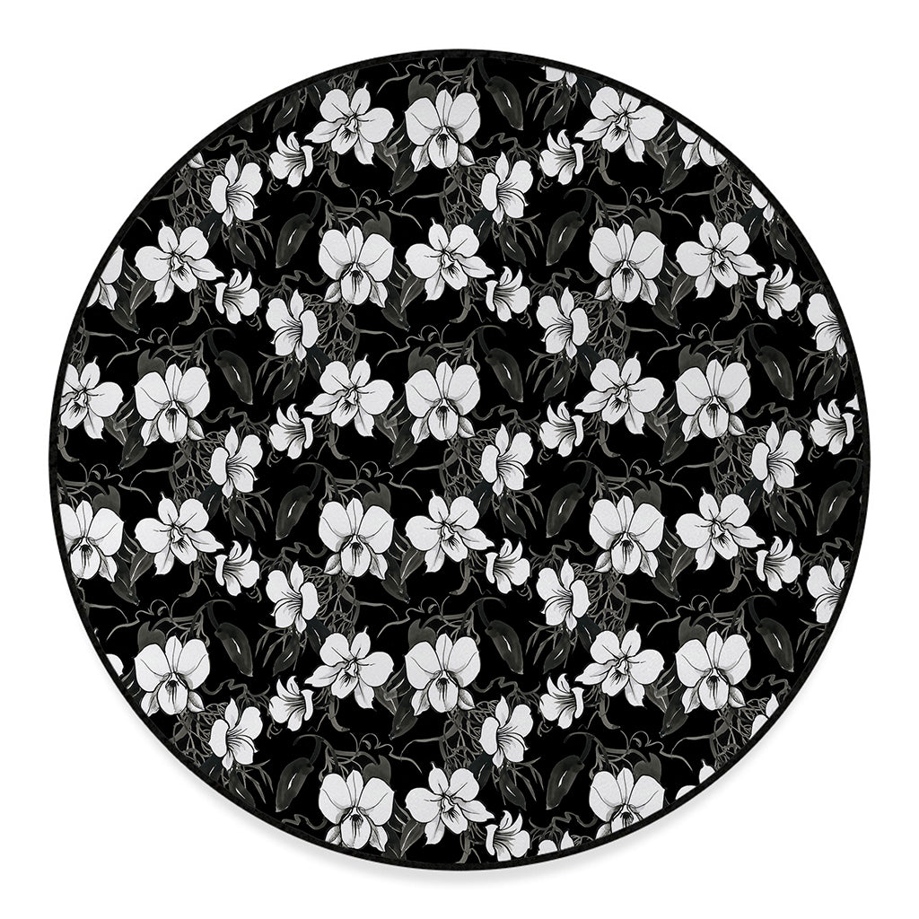Black And White Cattleya Pattern Print Round Floor Mat