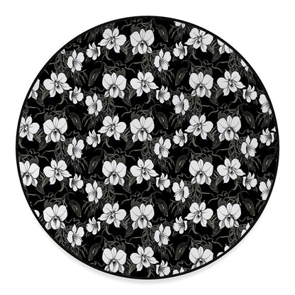 Black And White Cattleya Pattern Print Round Floor Mat