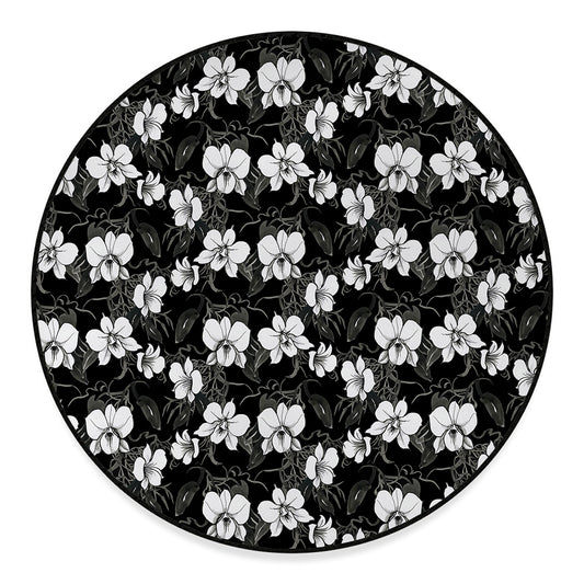 Black And White Cattleya Pattern Print Round Floor Mat