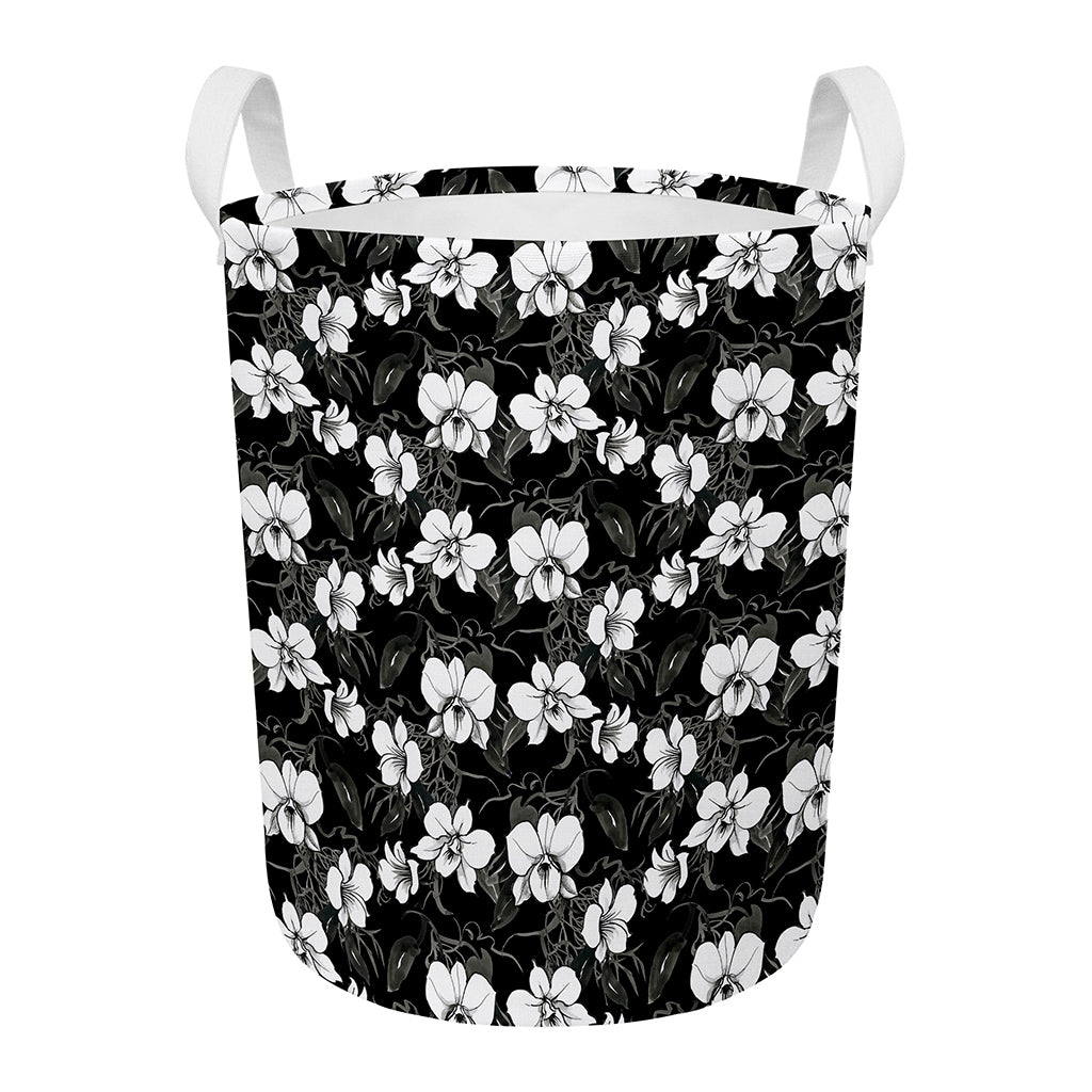 Black And White Cattleya Pattern Print Round Laundry Basket