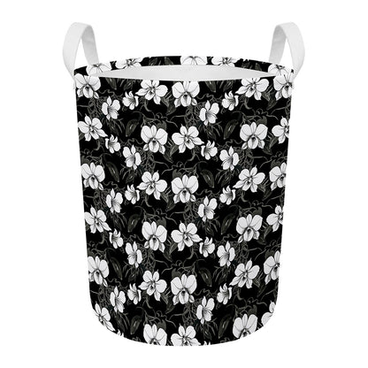 Black And White Cattleya Pattern Print Round Laundry Basket