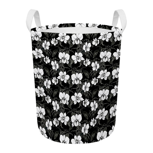 Black And White Cattleya Pattern Print Round Laundry Basket
