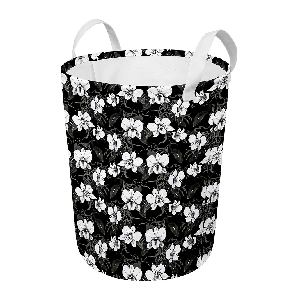 Black And White Cattleya Pattern Print Round Laundry Basket
