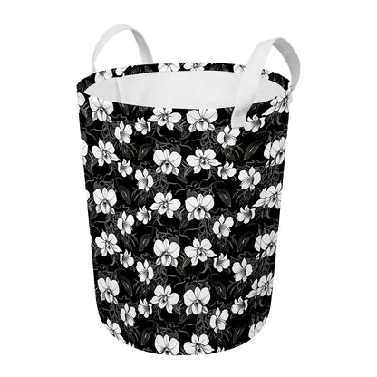 Black And White Cattleya Pattern Print Round Laundry Basket
