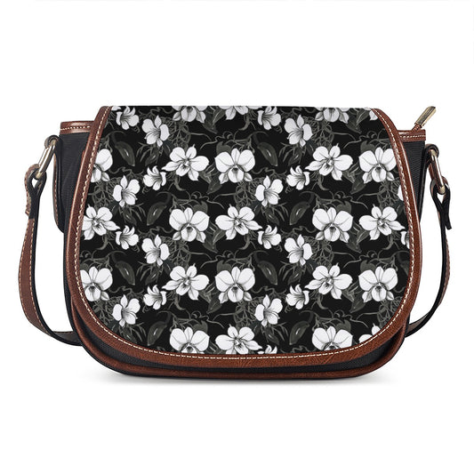 Black And White Cattleya Pattern Print Saddle Bag
