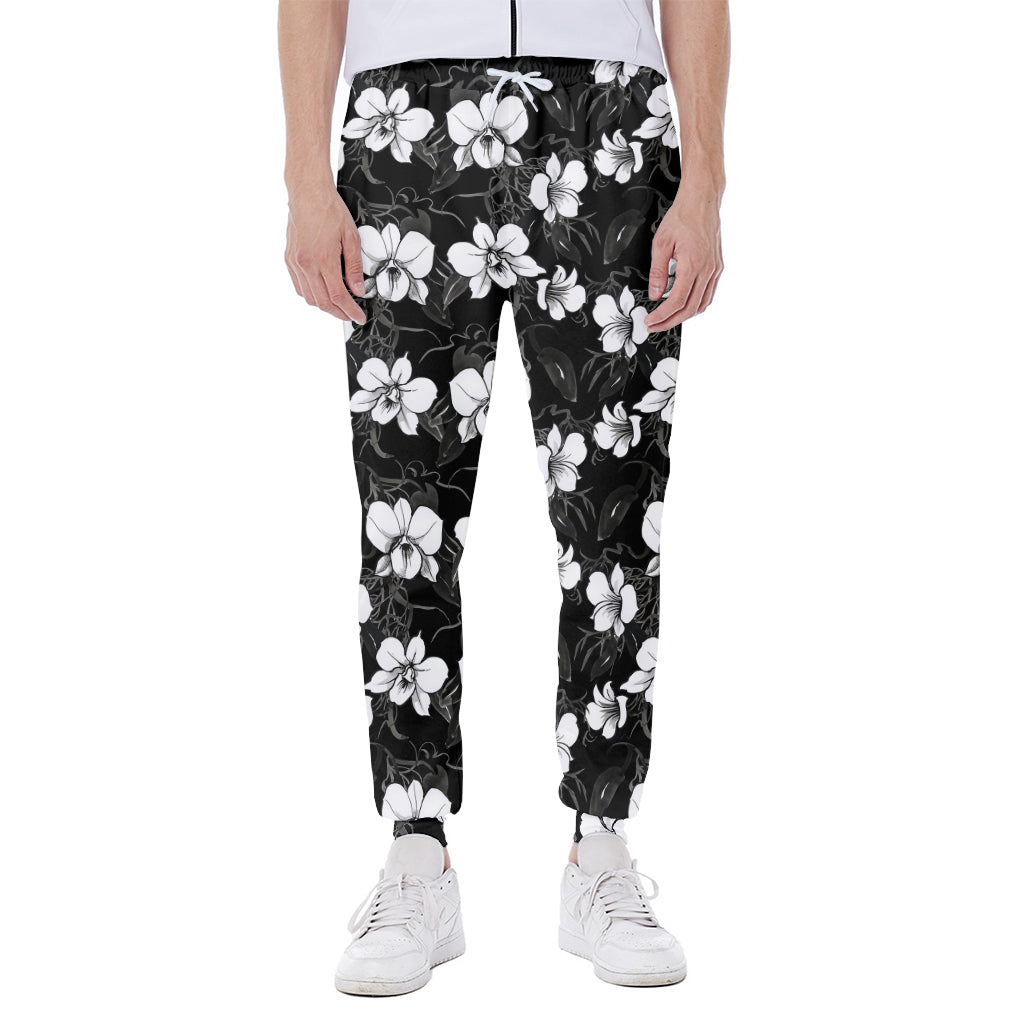 Black And White Cattleya Pattern Print Scuba Joggers