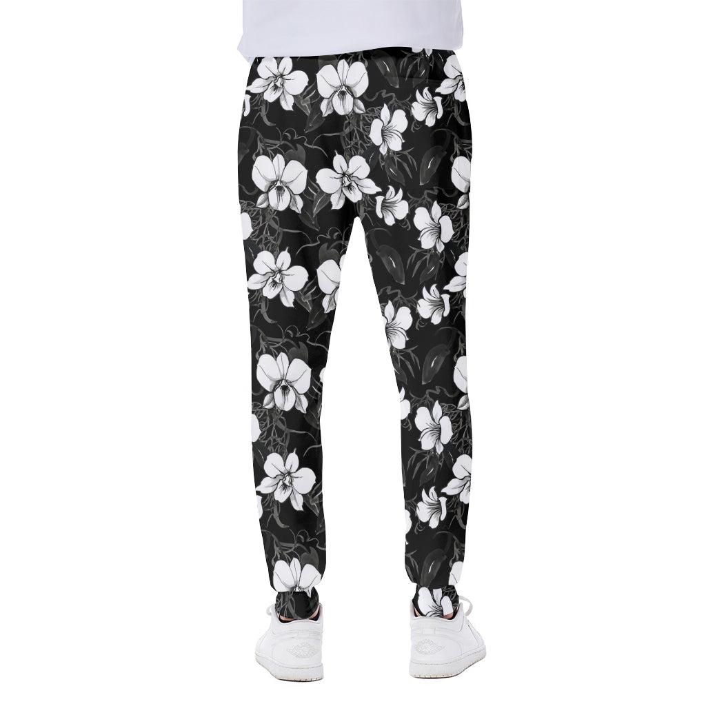 Black And White Cattleya Pattern Print Scuba Joggers