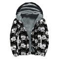 Black And White Cattleya Pattern Print Sherpa Lined Zip Up Hoodie