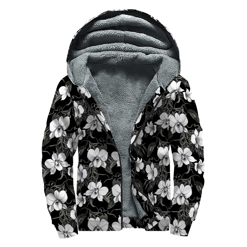 Black And White Cattleya Pattern Print Sherpa Lined Zip Up Hoodie