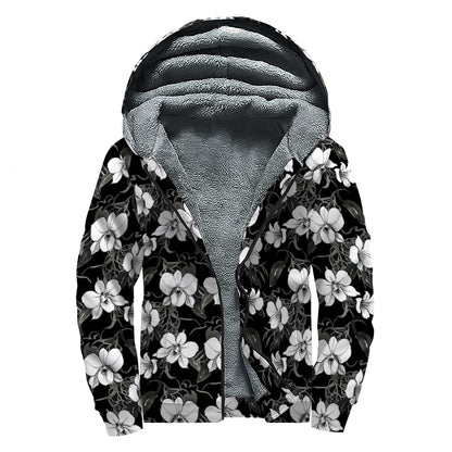 Black And White Cattleya Pattern Print Sherpa Lined Zip Up Hoodie