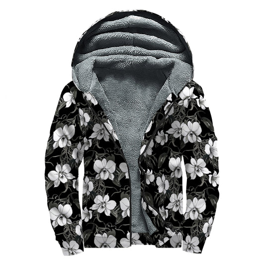 Black And White Cattleya Pattern Print Sherpa Lined Zip Up Hoodie