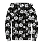 Black And White Cattleya Pattern Print Sherpa Lined Zip Up Hoodie