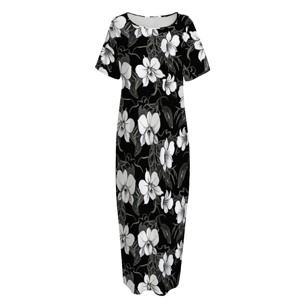 Black And White Cattleya Pattern Print Short Sleeve Long Nightdress