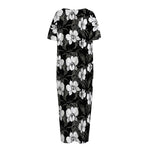 Black And White Cattleya Pattern Print Short Sleeve Long Nightdress