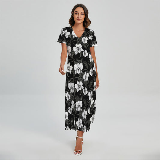 Black And White Cattleya Pattern Print Short Sleeve Maxi Dress