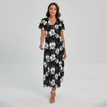 Black And White Cattleya Pattern Print Short Sleeve Maxi Dress