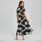 Black And White Cattleya Pattern Print Short Sleeve Maxi Dress
