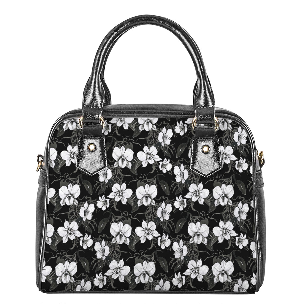 Black And White Cattleya Pattern Print Shoulder Handbag