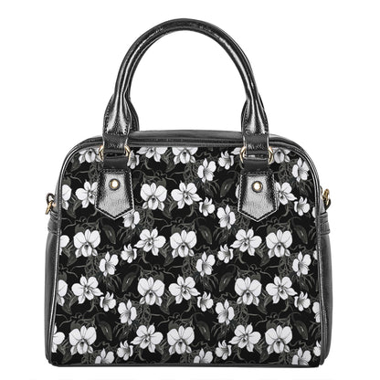 Black And White Cattleya Pattern Print Shoulder Handbag