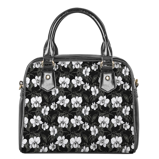 Black And White Cattleya Pattern Print Shoulder Handbag