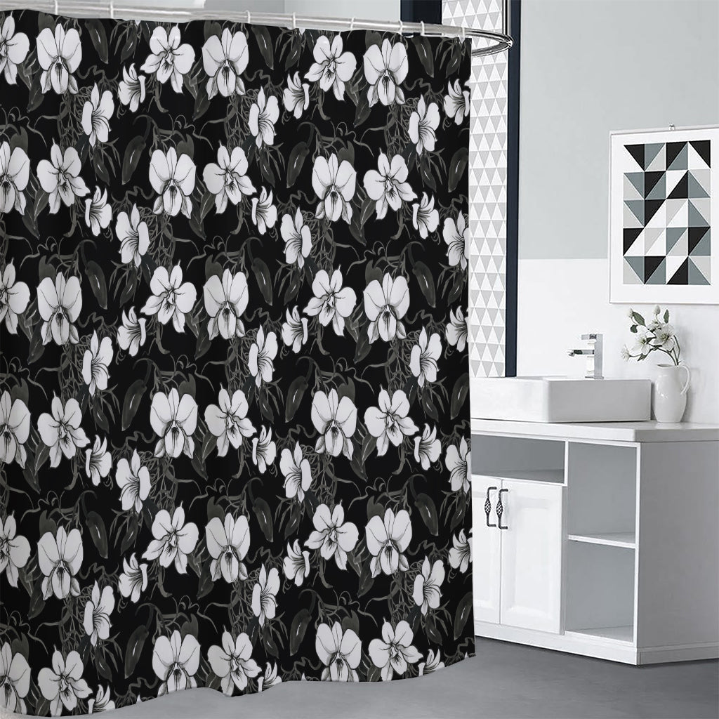 Black And White Cattleya Pattern Print Shower Curtain