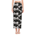 Black And White Cattleya Pattern Print Side Slit Maxi Skirt