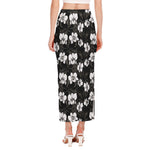 Black And White Cattleya Pattern Print Side Slit Maxi Skirt