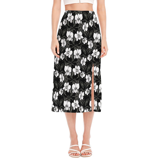 Black And White Cattleya Pattern Print Side Slit Midi Skirt