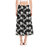 Black And White Cattleya Pattern Print Side Slit Midi Skirt