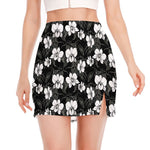 Black And White Cattleya Pattern Print Side Slit Mini Skirt