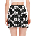 Black And White Cattleya Pattern Print Side Slit Mini Skirt