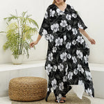 Black And White Cattleya Pattern Print Silk V-Neck Kaftan Dress