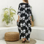 Black And White Cattleya Pattern Print Silk V-Neck Kaftan Dress