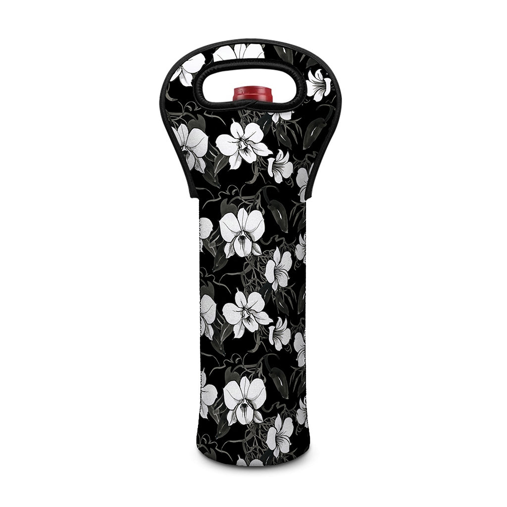 Black And White Cattleya Pattern Print Single Neoprene Wine Tote