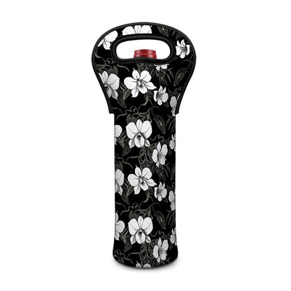 Black And White Cattleya Pattern Print Single Neoprene Wine Tote