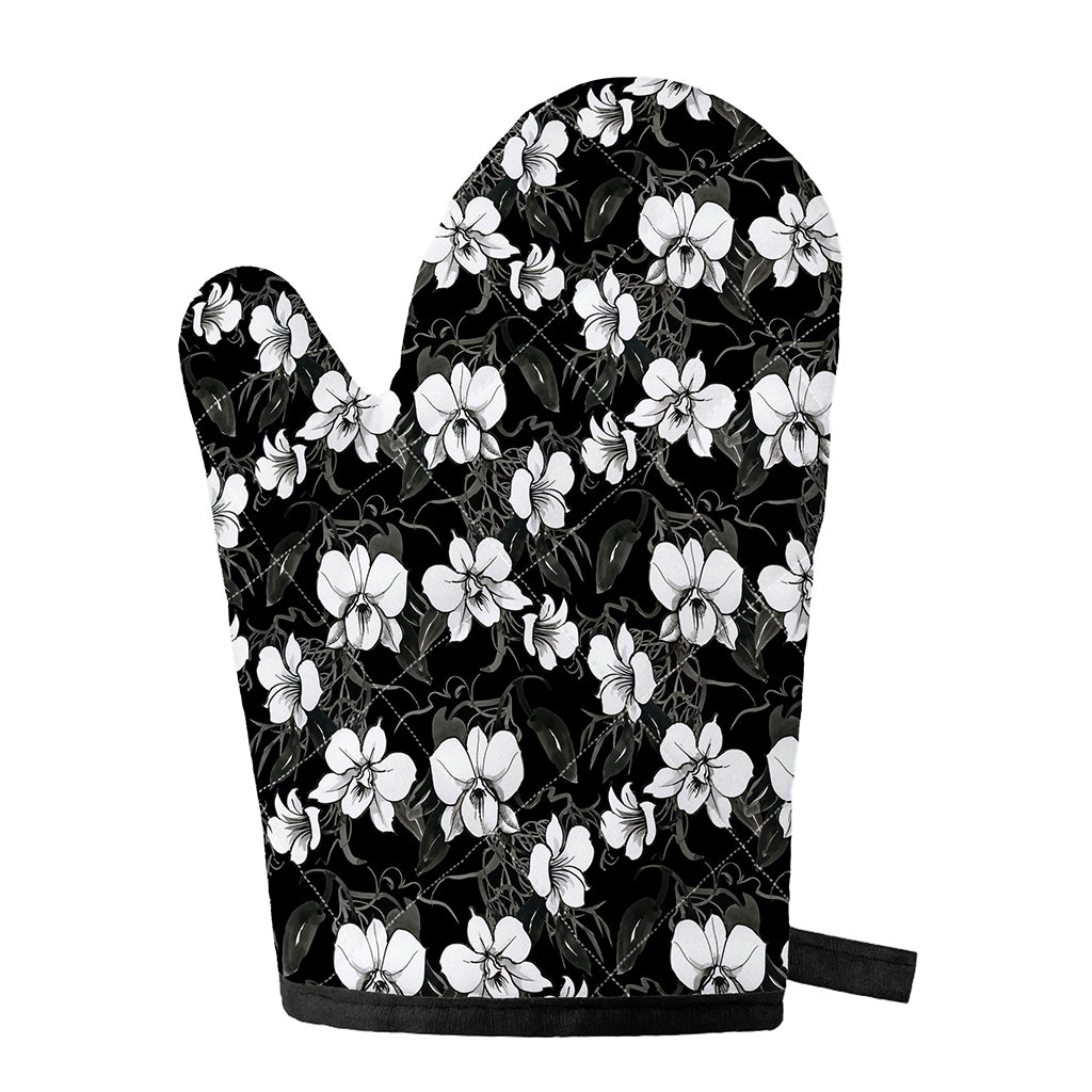 Black And White Cattleya Pattern Print Single Oven Mitt