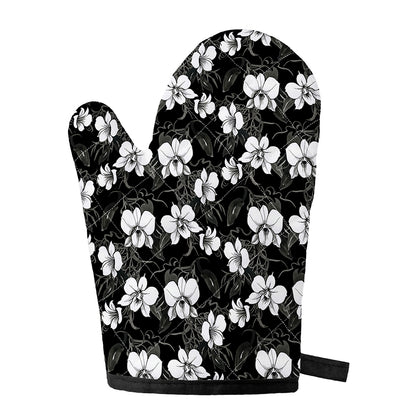 Black And White Cattleya Pattern Print Single Oven Mitt