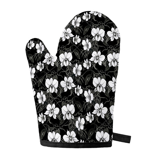 Black And White Cattleya Pattern Print Single Oven Mitt